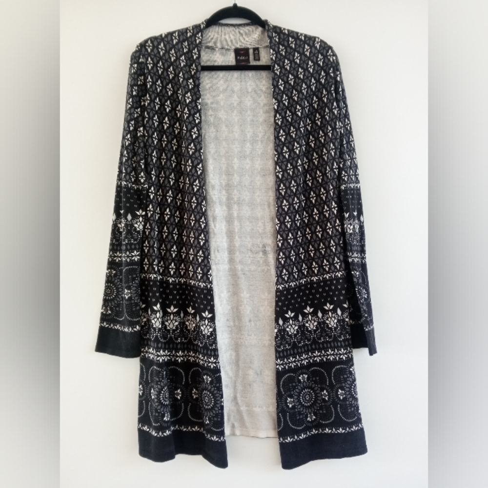 Rafaella Geometric Pattern Longline Open Front Cardigan Black White Size S